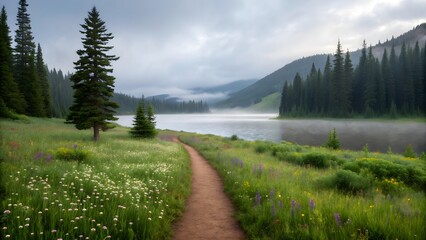 Misty Mountain Forest Trail Along Serene Lake