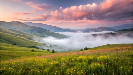 Misty Mountain Valley at Sunrise with Wildflowers