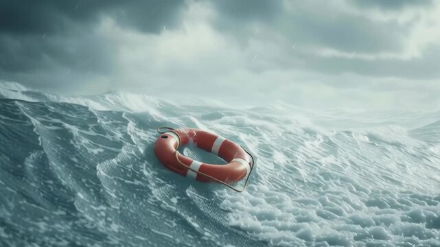 A red life preserver is floating in the ocean. The water is rough and choppy, and the life preserver is the only thing visible in the scene. Scene is one of danger and uncertainty