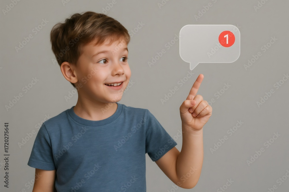 Poster young boy pointing at a notification icon in a speech bubble, symbolizing receiving a new message on