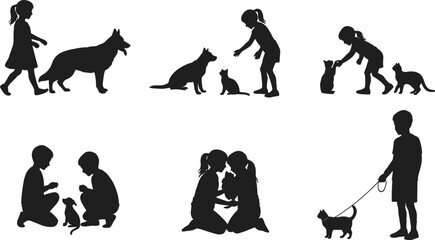 Children, silhouette, kids, pets, dog, cat, walking, hugging, playing, interaction, friendship, animal, companion, love, bonding, outdoor, happy, caring, leash, affection