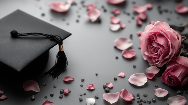 Graduation Cap with Pink Roses and Petals on Elegant Dark Background, realistic artistic photography, congratulations card design