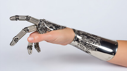Human hand with metallic robotic prosthetic arm against white background