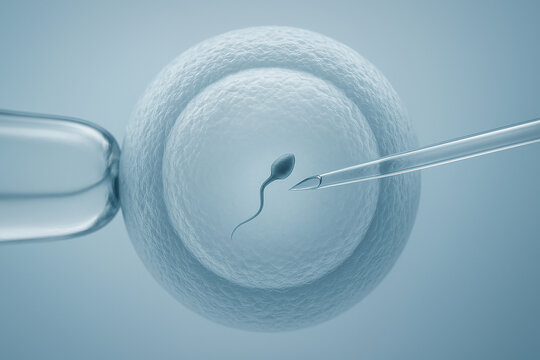 Closeup macro of intracytoplasmic sperm injection into oocyte under microscope. Medical and biological illustration for science, fertility treatment, laboratory, and healthcare use.