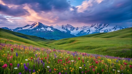 Scenic Mountain Landscape with Vibrant Wildflower Field and Snow-Capped Alps at Sunset