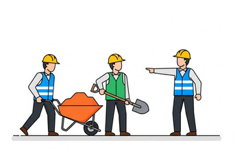 Vector Illustration of Construction Workers with Shovel and Wheelbarrow – Team Coordination Concept