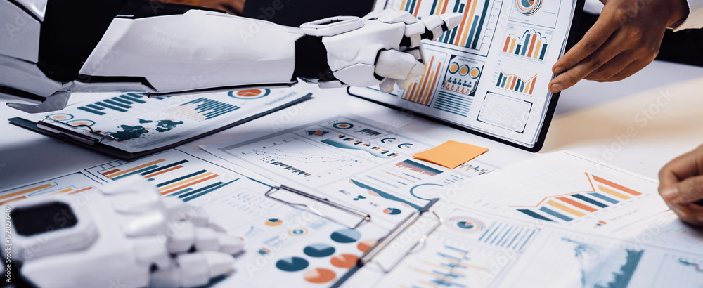 Poster a futuristic business meeting scene showcasing a robot assistant collaborating with professionals, a