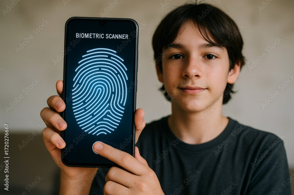 Poster young student using fingerprint biometric scanner on smartphone for secure access and identification