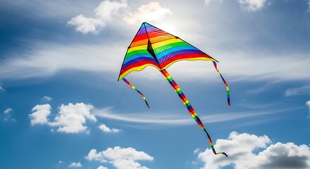 A vibrant rainbow kite soars gracefully against a vast azure sky dotted with fluffy white clouds.