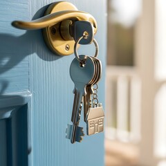 A bunch of keys with a small house charm hangs on a light gold door handle,  illuminating a new home.