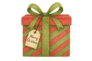 Christmas gift box displaying red and green stripes with decorative ribbon bow and merry christmas tag on transparent background