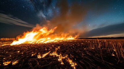 Nighttime wildfire spreading across field under starry sky with intense flames and smoke