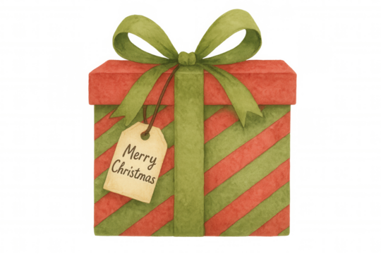 Christmas gift box displaying red and green stripes with decorative ribbon bow and merry christmas tag on transparent background
