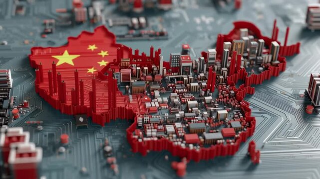 A computer generated image of China and Taiwan. The image is made up of many small pieces of red and blue