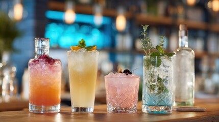 Colorful assortment of cocktails on bar counter in stylish setting