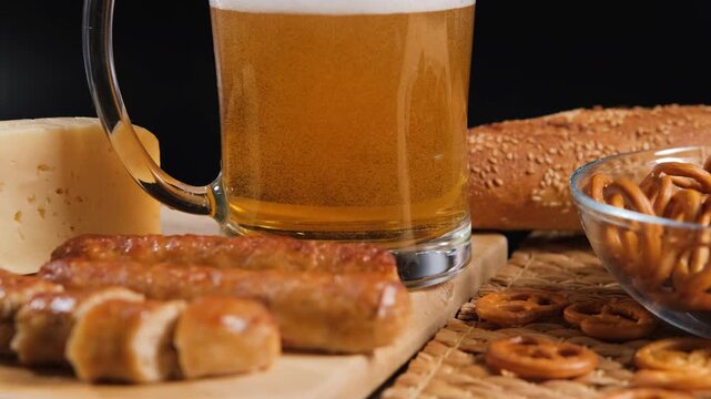 Fresh beer bubbles rise in a glass, accompanied by savory snacks including pretzels, cheese, sausages, and bread. Perfect for a casual gathering, slow motion