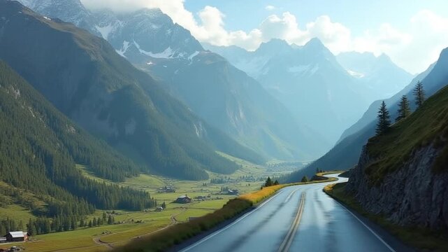 A scenic mountain road winding through breathtaking landscapes