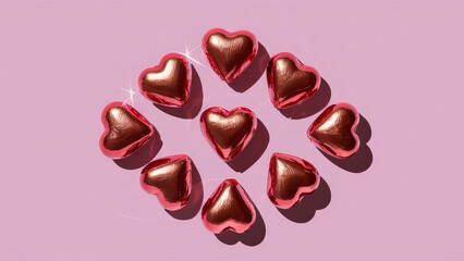 Heart-shaped chocolate pieces arranged in a playful pattern on a vibrant pink background showcasing romance and sweetness during a festive celebration