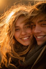 Young caucasian couple smiling in sunlit scene with wind-swept hair