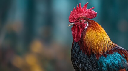 Colorful rooster with vibrant plumage standing proudly against a blurred natural background