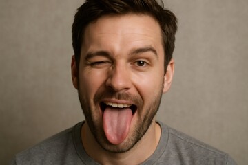 Portrait of a playful young man with short brown hair and beard sticking his tongue out and winking against a gray background