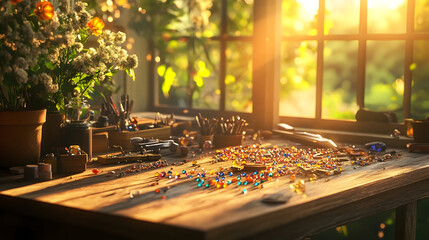 Artisan jewelry making studio illuminated by golden morning sunlight