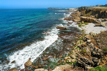 Peniche cliffs near Cabo Carvoeiro with sedimentary carbonate rocks from the jurassic in Portugal, Europe