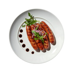 Grilled sausages with garnish isolated on transparent background