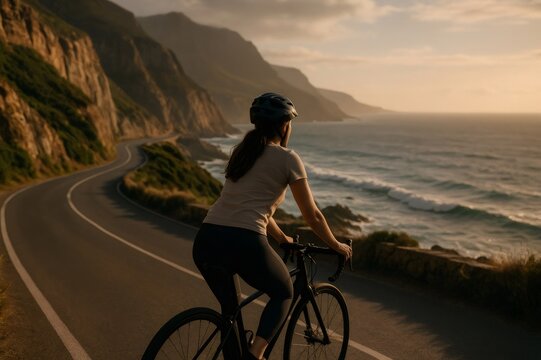 Female cyclist taking a break from her ride along a scenic coastal road, enjoying the breathtaking view of the ocean at sunset
