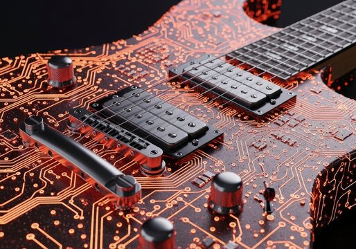 Cybernetic Riff: A High-Tech Electric Guitar with an Intricate Glowing Copper Circuit Board Body.