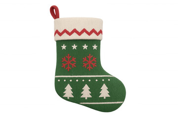 Knitted christmas stocking with snowflakes and pine trees, festive holiday decoration, transparent background