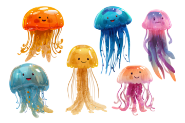 Cartoon Style Colorful Jellyfish Group