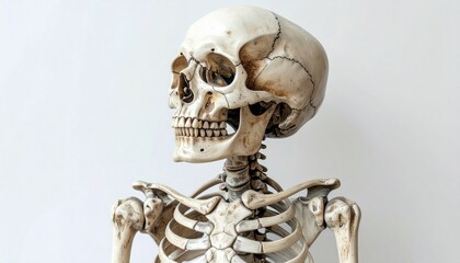 Detailed Human Skeleton Model Standing Against A White Background In Studio Lighting And Showing Rib Cage