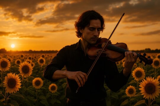 Young violinist playing passionately amidst a vibrant sunflower field, creating enchanting music as the sun sets in a breathtaking display