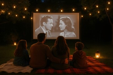 Family enjoying a classic romantic movie under the stars, gathered around an outdoor projector screen in the cozy backyard on a summer night