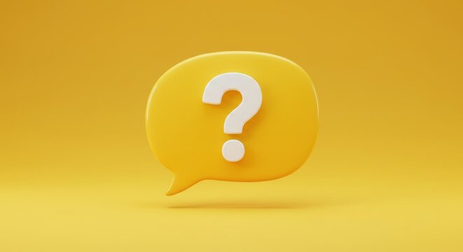 A 3D rendered yellow speech bubble with a white question mark against a vibrant yellow background