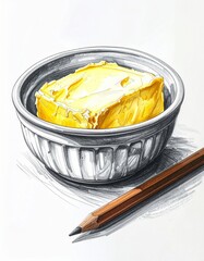 Rendering of Butter in Gray Bowl with Graphite Pencil Isolated on White Background