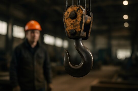 Close up of a crane hook hanging in a factory, with a blurred worker wearing a safety helmet in the background - Powered by Adobe