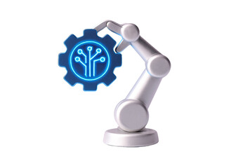 Robotic arm holding a gear with a circuit board design illuminated in blue against white background