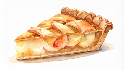 Watercolor Illustration of Slice of Apple Pie with Golden Crust and Sliced Apples on White Background