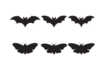 Silhouettes of six flying bats and butterflies on a white background