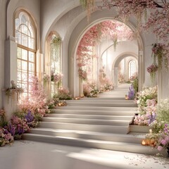 Naklejka premium A light-filled, elegant staircase adorned with cascading floral displays of soft pinks and purples, creating a romantic and dreamy atmosphere within a grand architectural space.