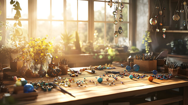 Artisan jewelry making studio in morning sunlight with beads and tools for crafting