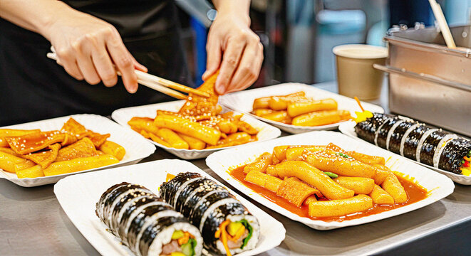 Exciting Korean street food feast featuring tteokbokki and kimbap ready to enjoy