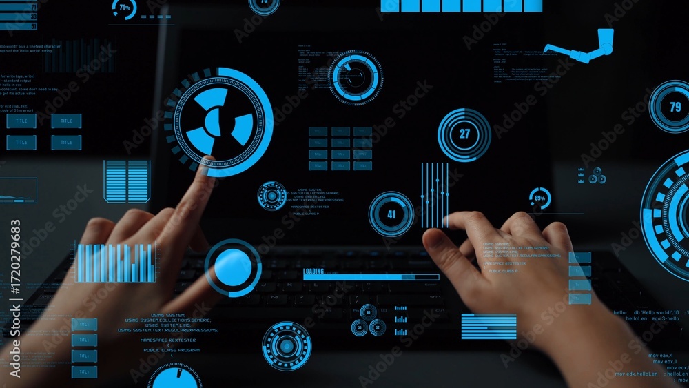 Poster this image displays hands interacting with a futuristic laptop user interface, showcasing blue digit