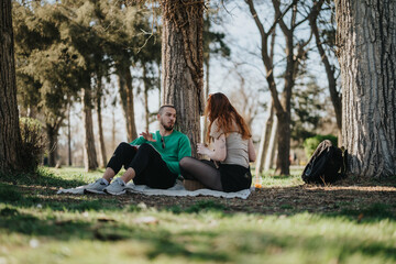 A young man and woman are sitting on a blanket under a tree, talking and enjoying a serene moment together during a sunny day in a lush green park.