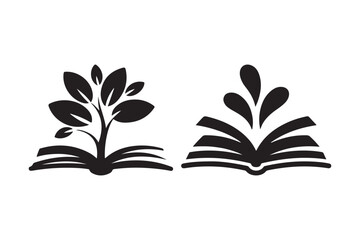 Open books with growing plants and abstract shapes