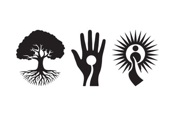 Tree hand and sun yin yang symbols representing nature connection and balance