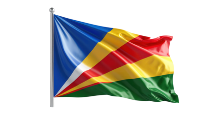 A vibrant depiction of the Seychelles flag, showcasing flowing fabric and rich colors against a striking black background.