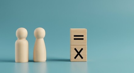 Two wooden figurines facing a decision represented by a mathematical equation on a wooden block
